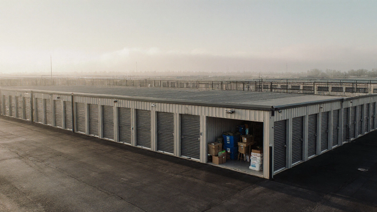 Self-storage facility with rows of units and surveillance cameras under morning mist.