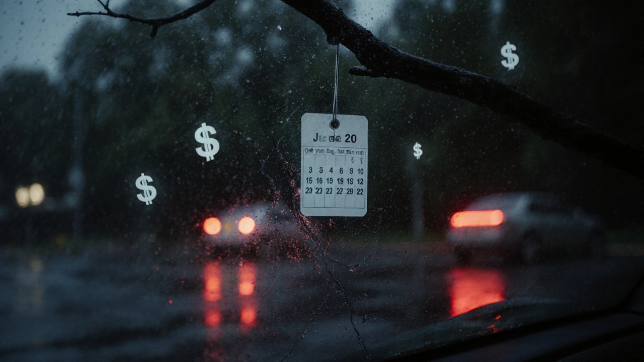Suspended car registration tag hanging from a tree in rain, with warning icons in the air.