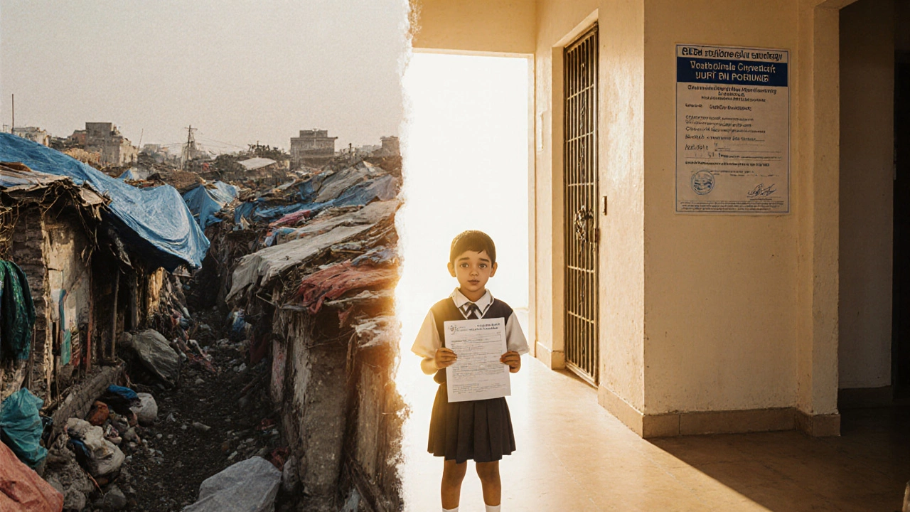Symbolic contrast between slum and class D home, with a child holding a school form in between.