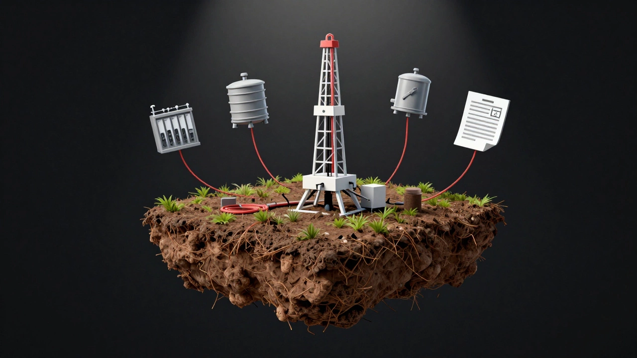 A floating acre of land surrounded by icons of hidden costs like wells, taxes, and utility lines.