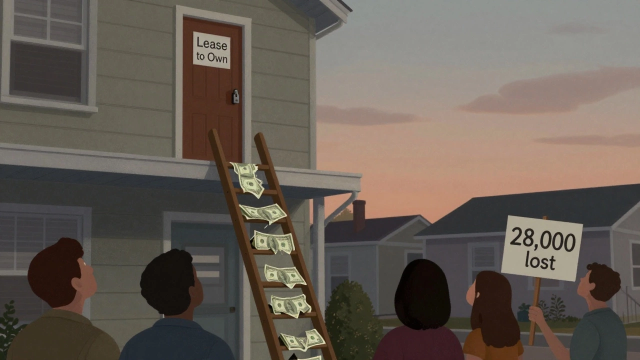 A ladder made of falling money leads to a locked house, representing the broken promise of rent-to-own.