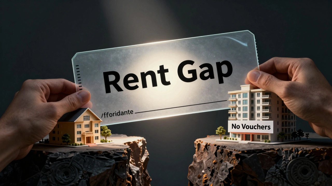 A person holding a fragile voucher over a chasm between affordable and unaffordable housing.