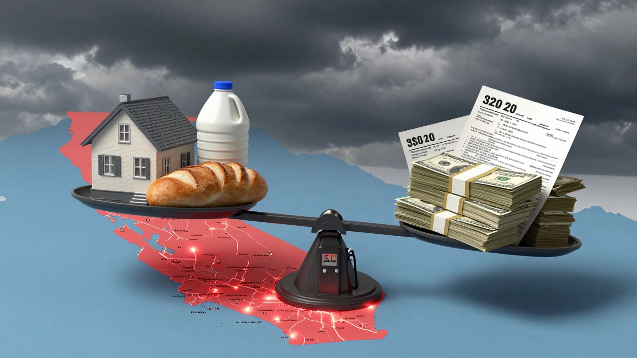 A scale tipped by housing, food, and gas costs against taxes and medical bills over a glowing California map.