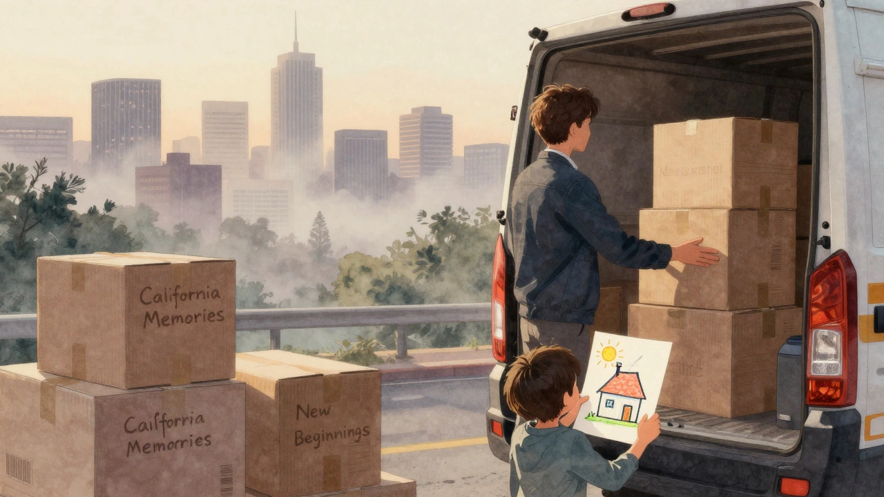 A young person packing to leave California at dawn, looking back at the city skyline with a child holding a house drawing.