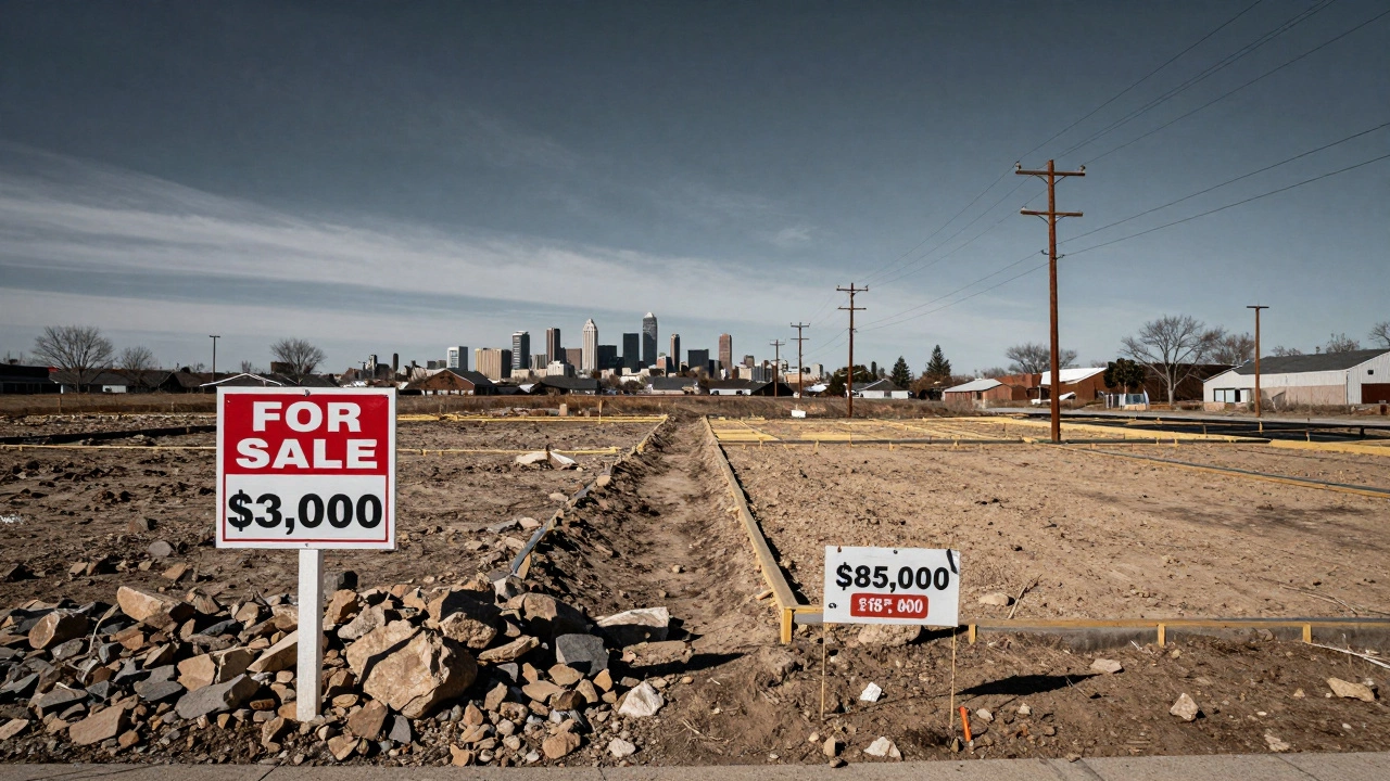 An acre of land split between cheap rural plot and expensive buildable lot near a city skyline.