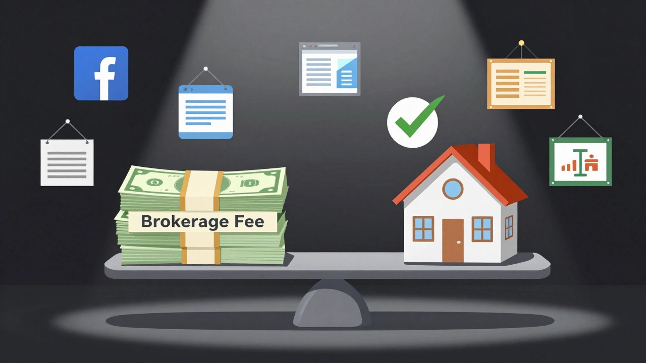 Balance scale comparing illegal brokerage fee to direct rental options