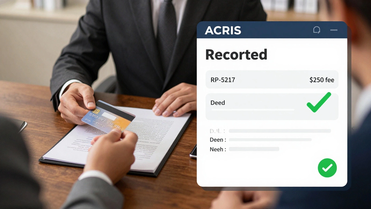 Buyer and attorney at closing table with digital ACRIS deed confirmation overlay.