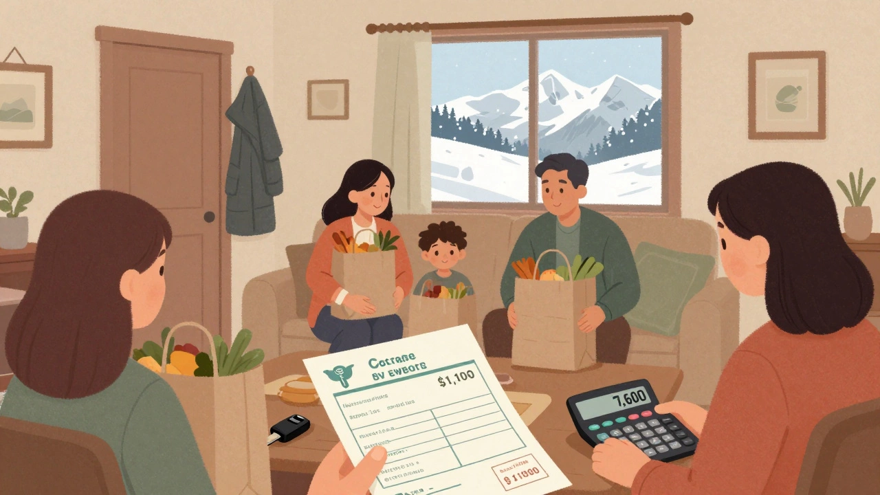 Family of four in living room surrounded by grocery bags, daycare bill, and car key.