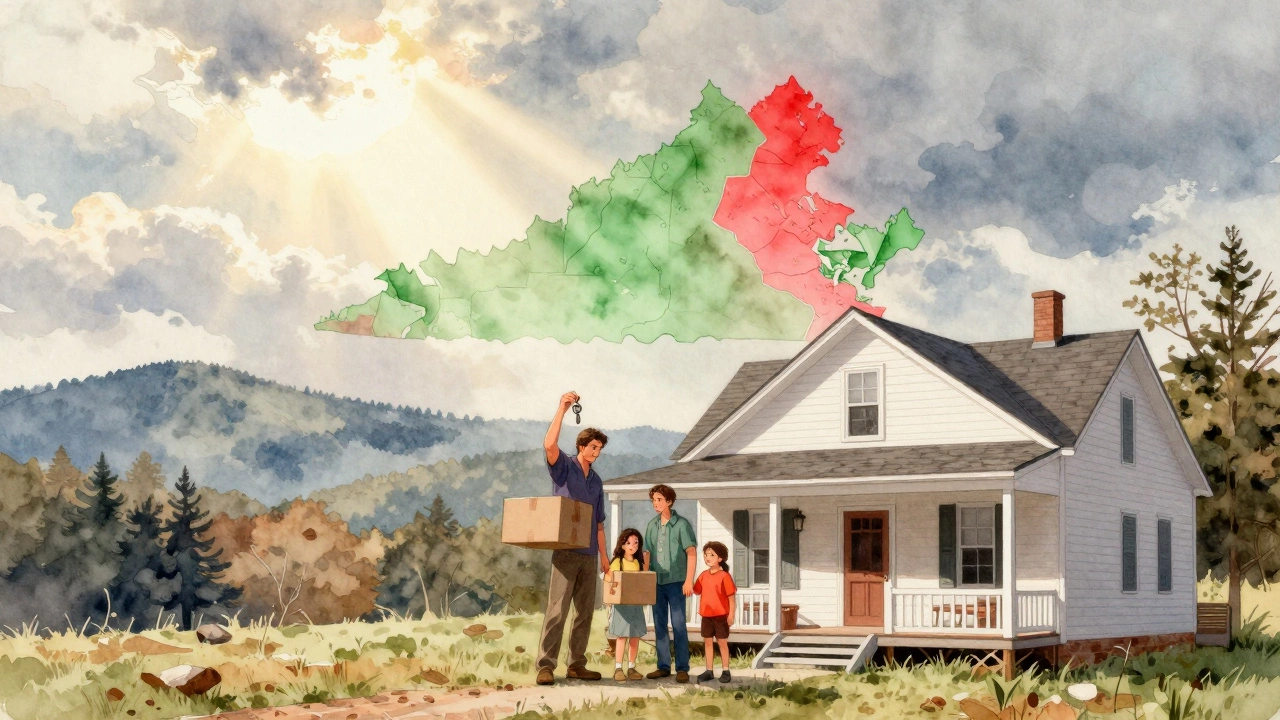 Family on a porch in Appalachia holding keys, with a map showing affordable regions in green.