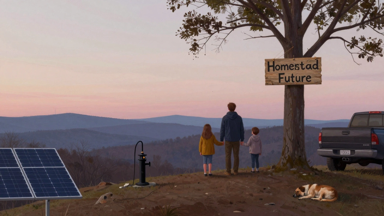 Family standing on remote hilltop overlooking vast undeveloped West Virginia land