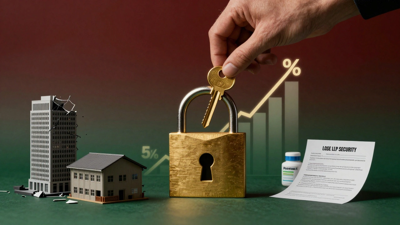 Golden key unlocking a rising graph, contrasting risky and high-return commercial property types.