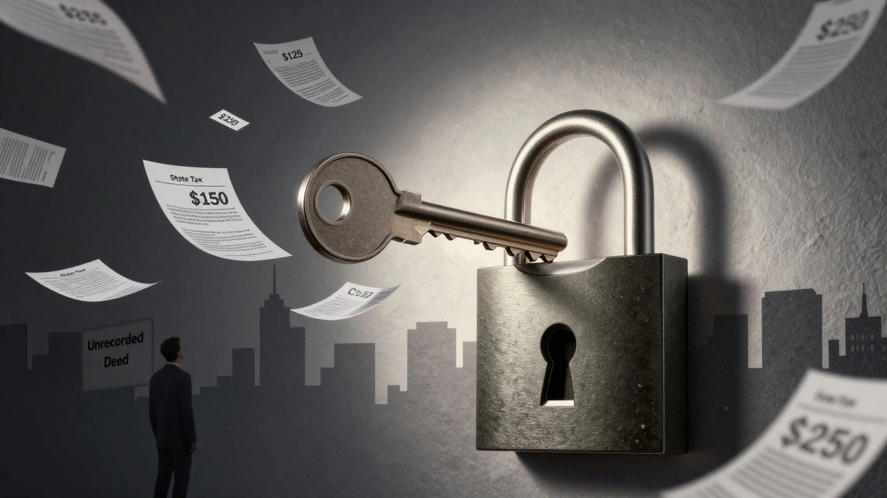 Key turning in a city-shaped lock with property fee documents floating around.