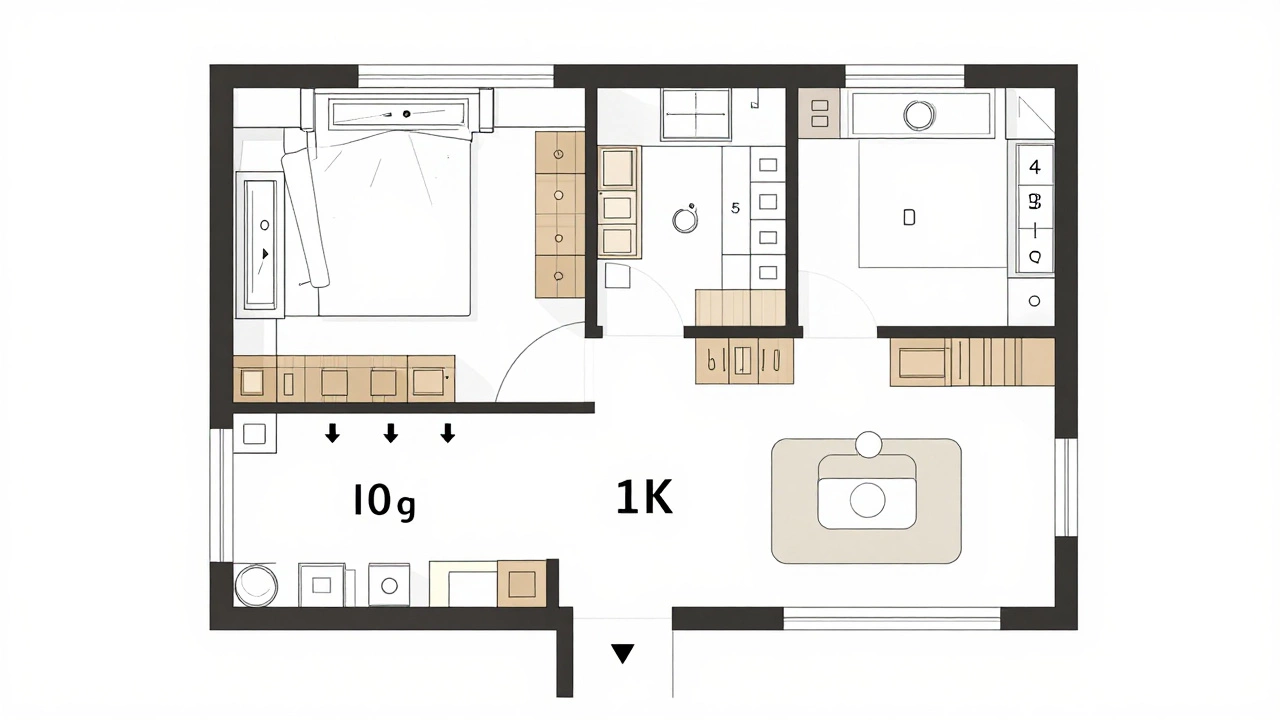 Overhead layout of a 35 sqm 1K apartment showing bedroom, kitchen, and living space with storage solutions marked.