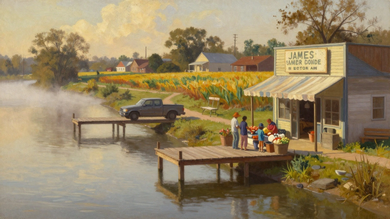 Riverside town scene with a family loading groceries into a pickup truck at golden hour.