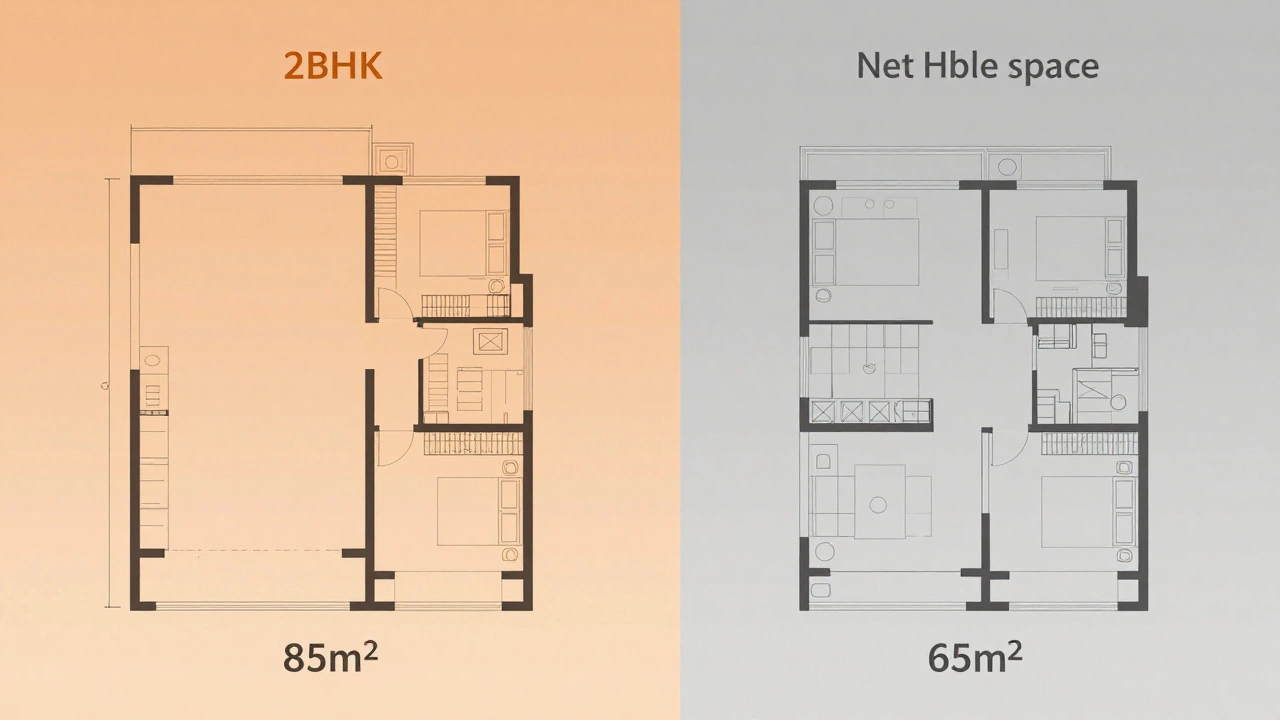 Split illustration showing inflated vs actual living space in an apartment, visual comparison.