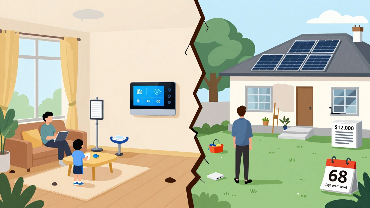 Split image: cozy apartment life vs. overwhelmed villa owner facing high maintenance costs.