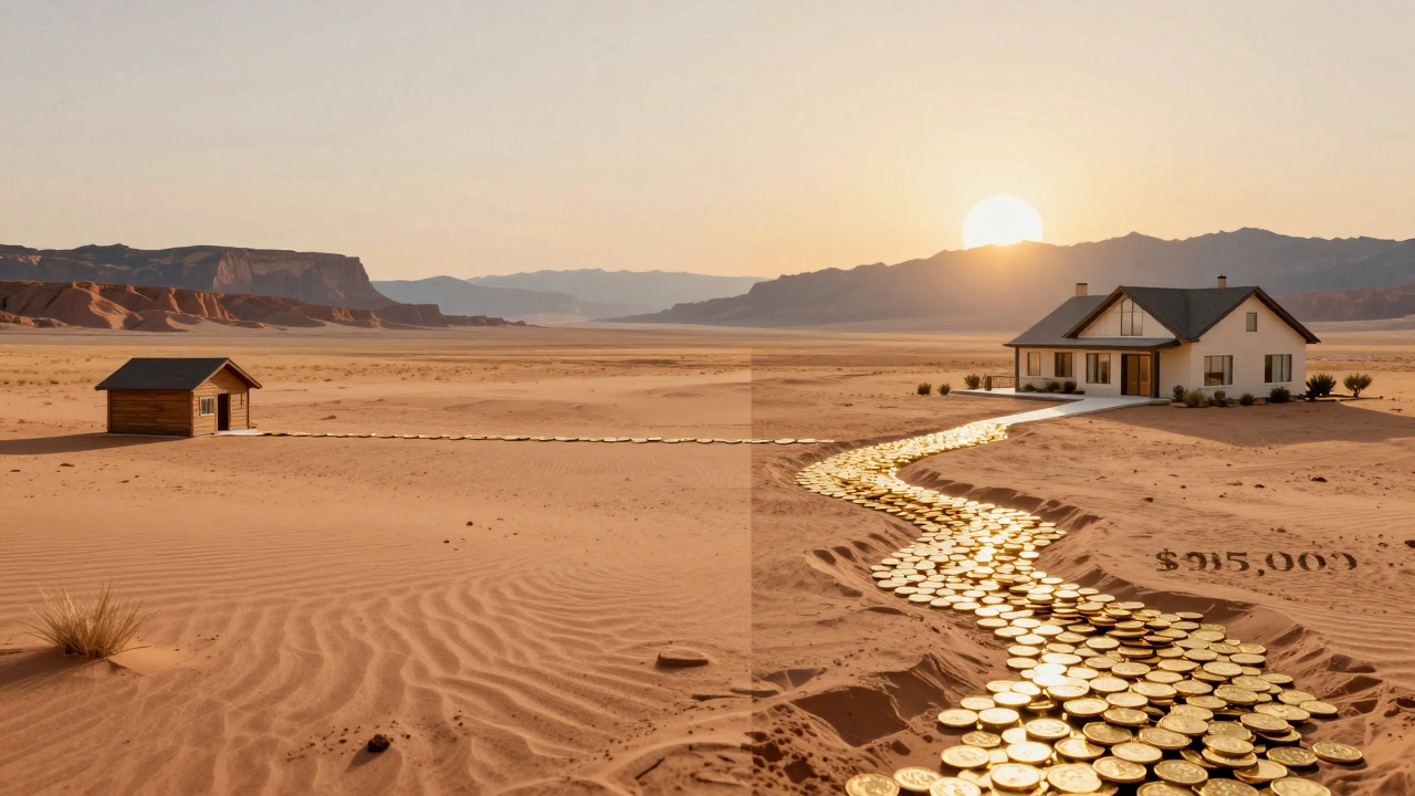 Split landscape showing low salary as thin coin line and high salary as golden river to home.