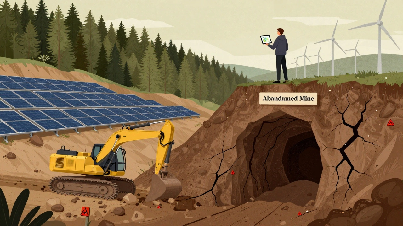 Split landscape showing solar farm construction above abandoned mine underground