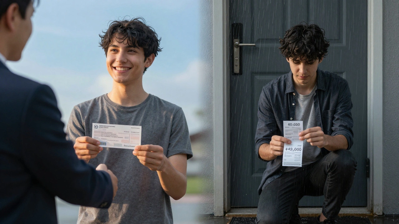 Split scene: one side shows hope with government help, the other shows loss and rain over failed payments.