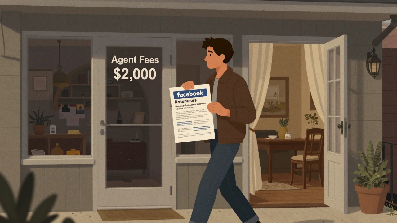 Tenant walking away from real estate office toward a home with rental post