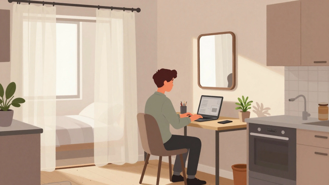 Young professional working at a wall desk in a minimalist 1K apartment, with bed visible behind a curtain and kitchen nearby.