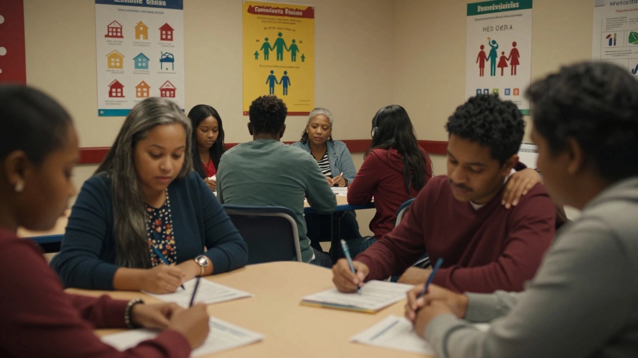 A diverse group in a community center filling out housing applications with guidance from a counselor.