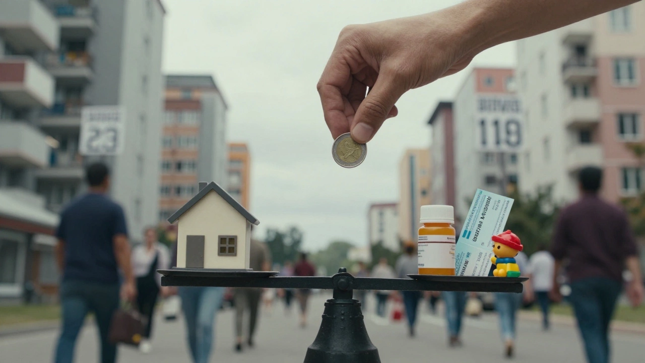 A hand balancing basic needs on a scale against rising housing costs in a blurred cityscape.