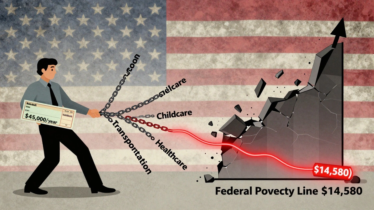A paycheck being pulled apart by housing, healthcare, and childcare costs, with an outdated poverty line below.