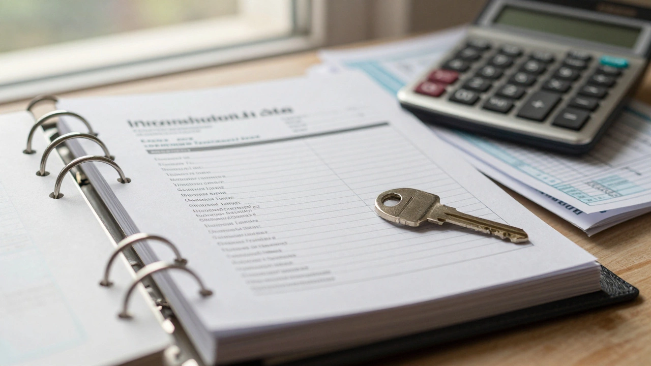 An open binder with income limit charts, pay stubs, and a key on a table, symbolizing housing eligibility.