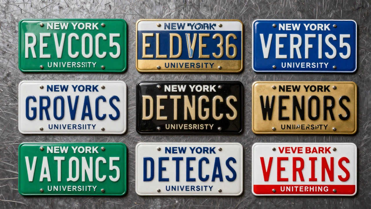 Collage of colorful specialty New York license plates representing different causes and groups.