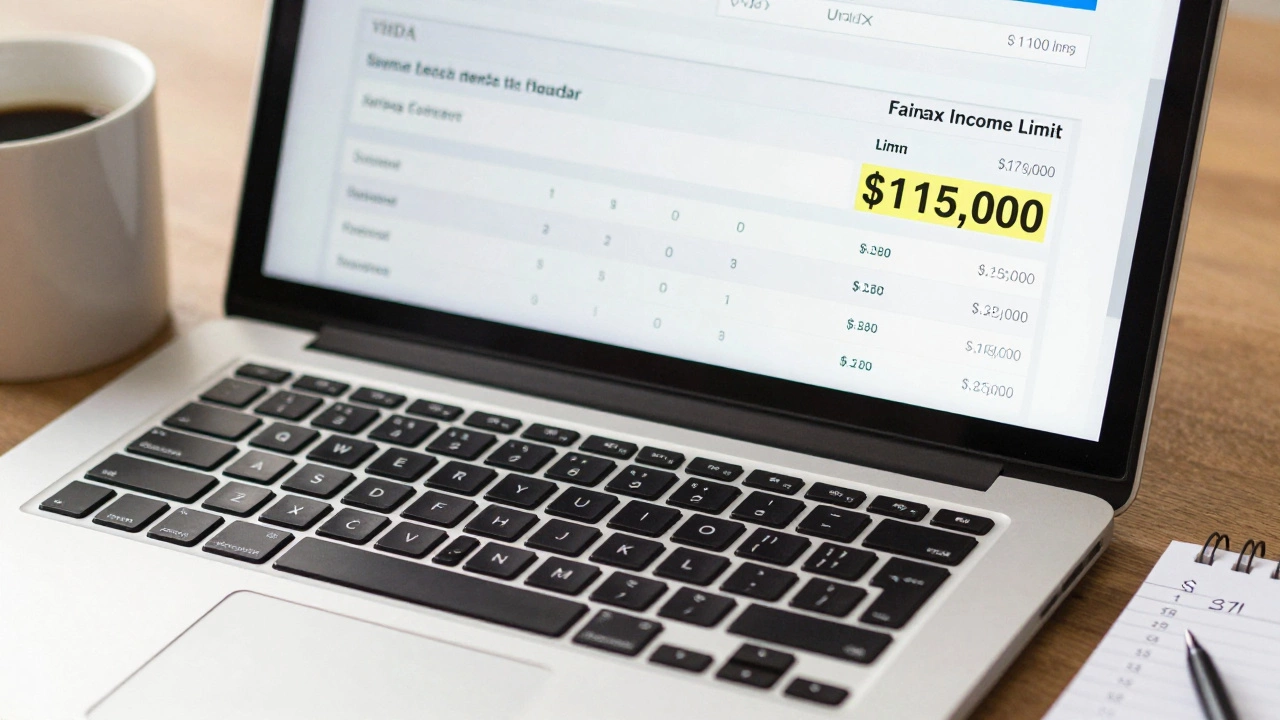 Laptop showing VHDA income calculator with Fairfax County limit displayed