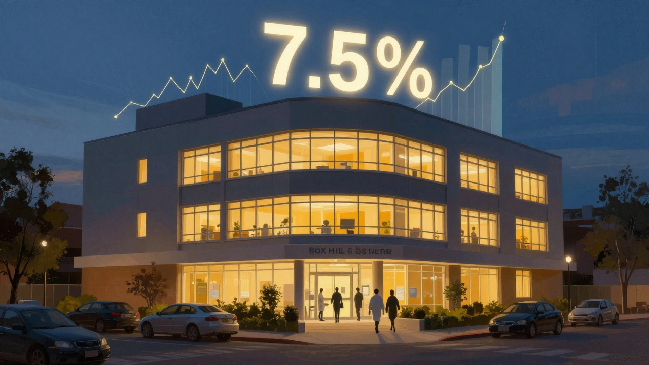 Medical office building at dusk with glowing windows and financial yield symbols above.