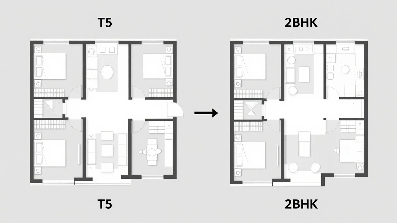 Side-by-side floor plan comparison showing T5 apartment with five rooms versus 2BHK with three rooms.