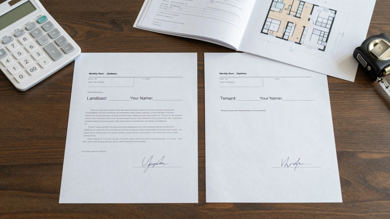 Signed rental agreement and bank transfer record on wooden table.