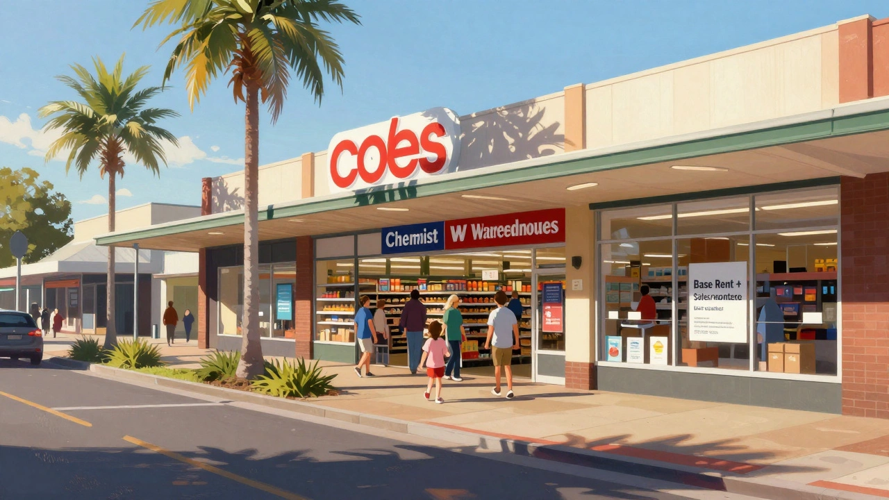 Suburban retail strip with supermarket, pharmacy, and medical clinic, families entering stores.