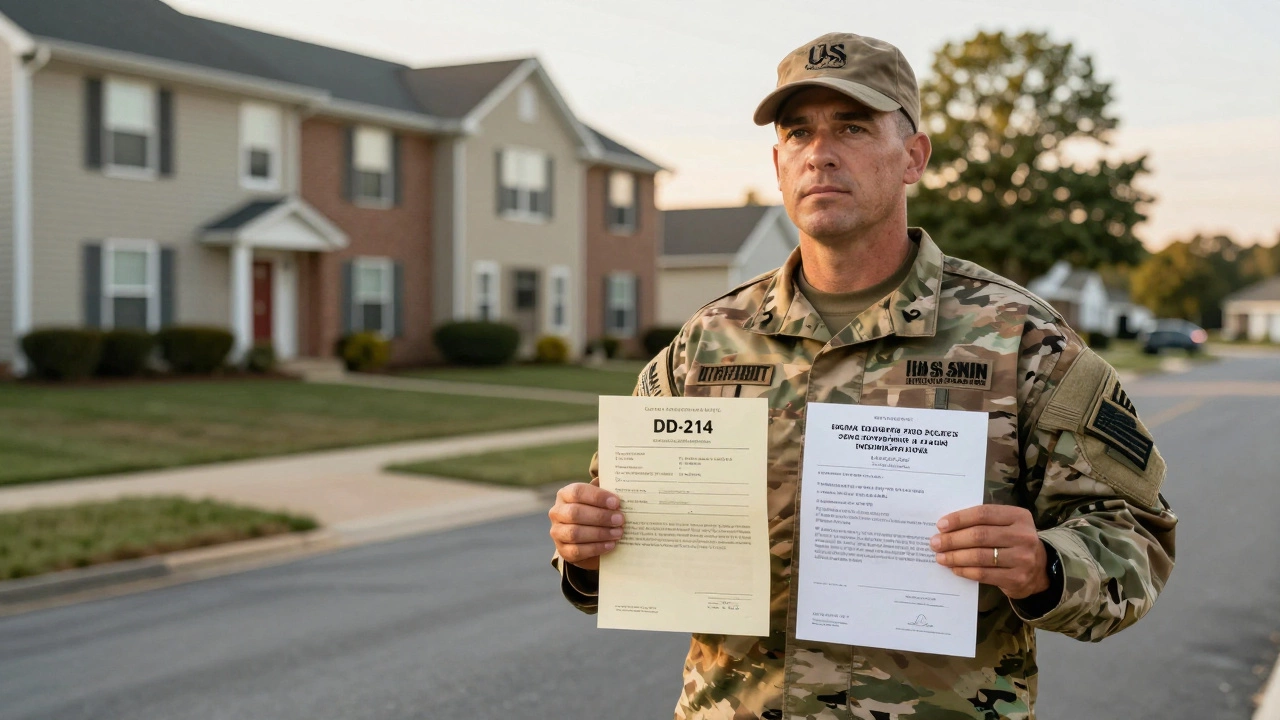 Veteran standing beside townhome with discharge papers and grant letter