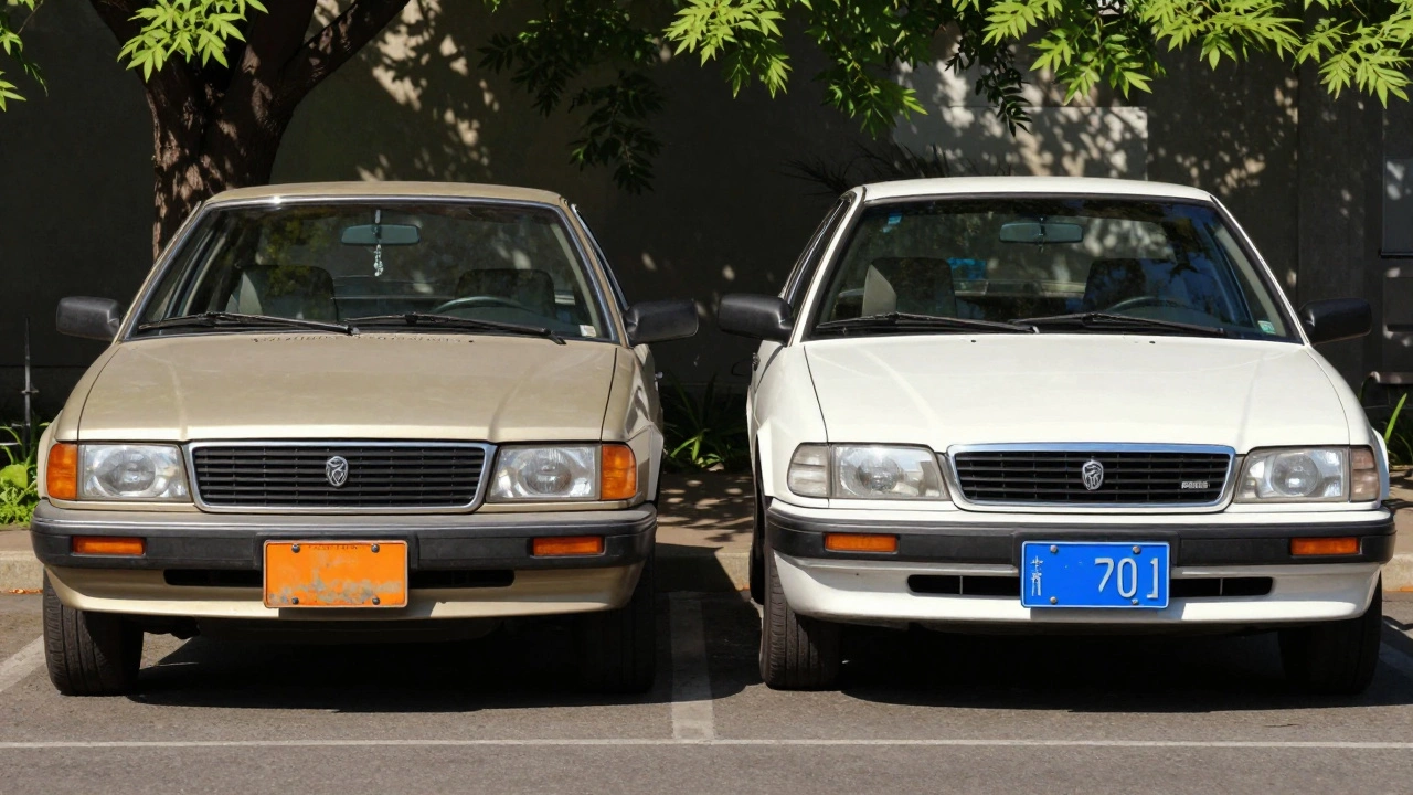 Vintage orange license plate next to a modern white plate on an old car in sunlight.