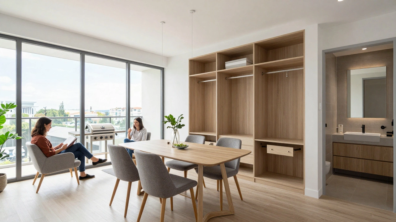 A comfortable 850 sq ft apartment with dining area, walk-in closet, and sunny balcony.