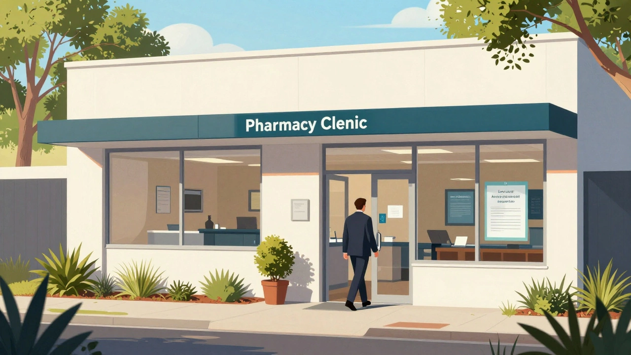 Clean medical office building with patients entering, surrounded by native Australian plants.