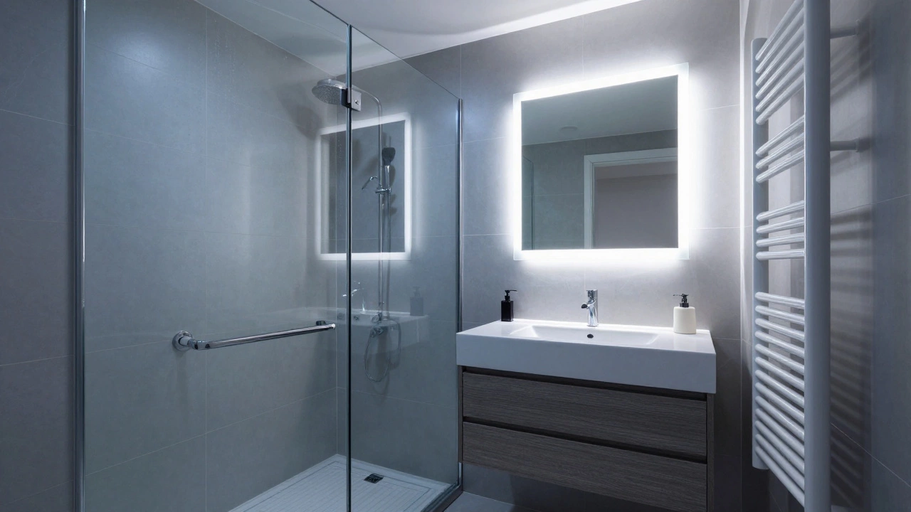 Minimalist bathroom with frameless shower, floating vanity, and backlit mirror.