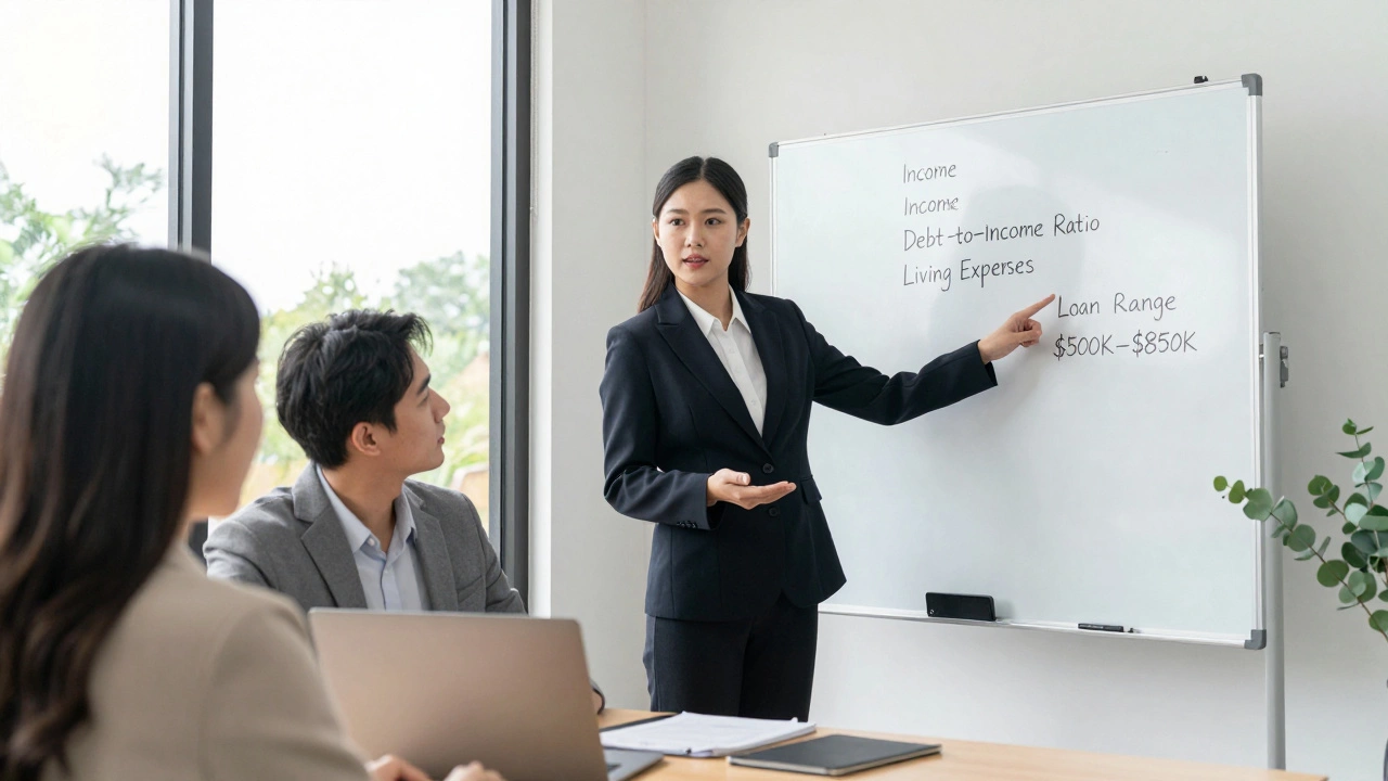 Mortgage broker explaining loan options using whiteboard with financial figures