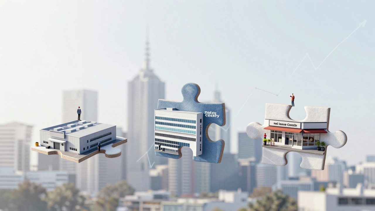 Three commercial property types forming a rising financial graph against a city skyline.