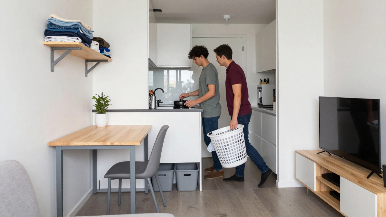 Two people in a cramped 600 sq ft apartment navigating tight kitchen and storage space.