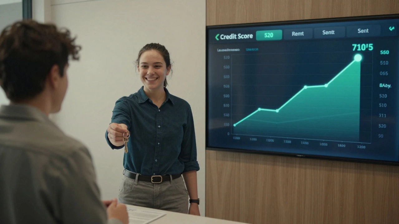 Young buyer receiving house key as credit score rises on digital display.