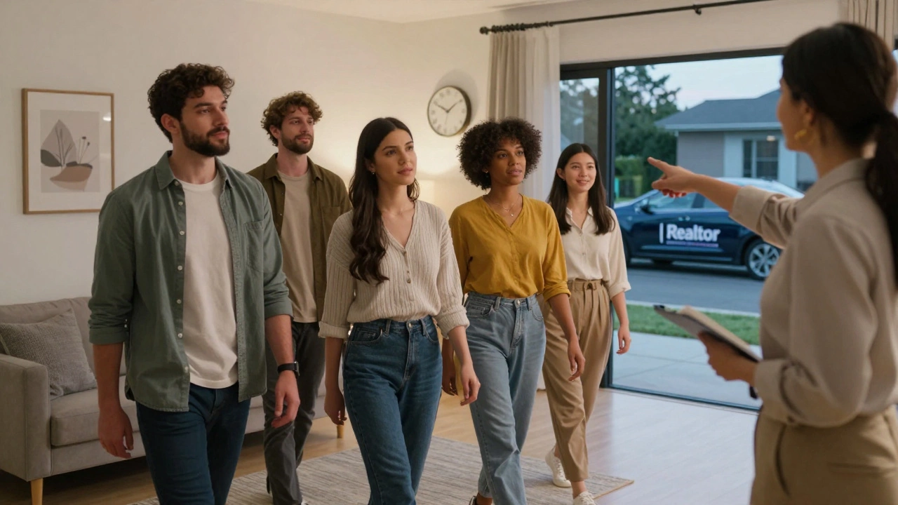 A group of homebuyers tours a staged home while an agent points out features, with evening light streaming through the windows.