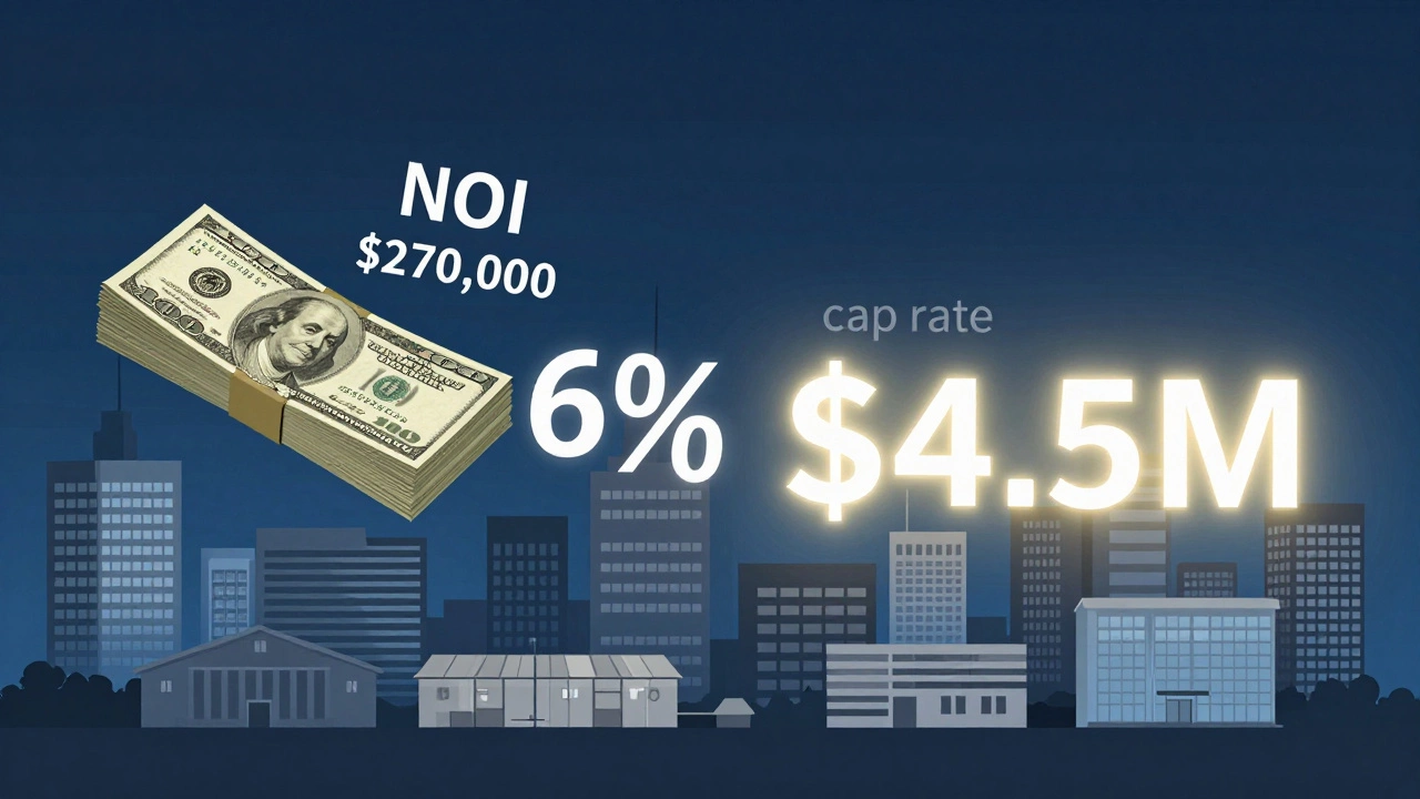 A mathematical formula in motion showing NOI divided by cap rate producing property value.