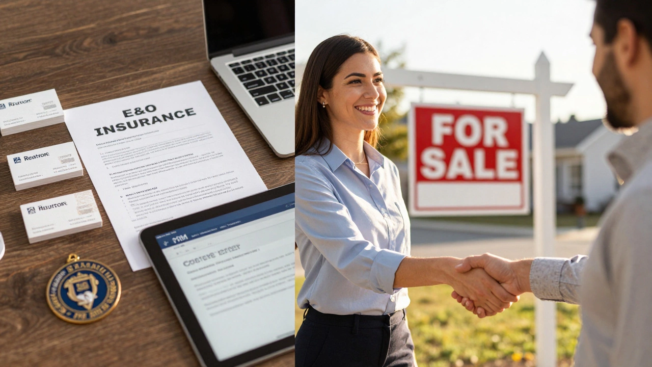 A real estate agent closing a deal with a client, surrounded by professional tools and credentials.