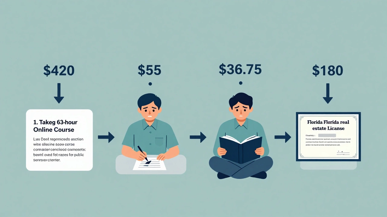 A step-by-step visual guide showing the costs and stages to obtain a Florida real estate license.