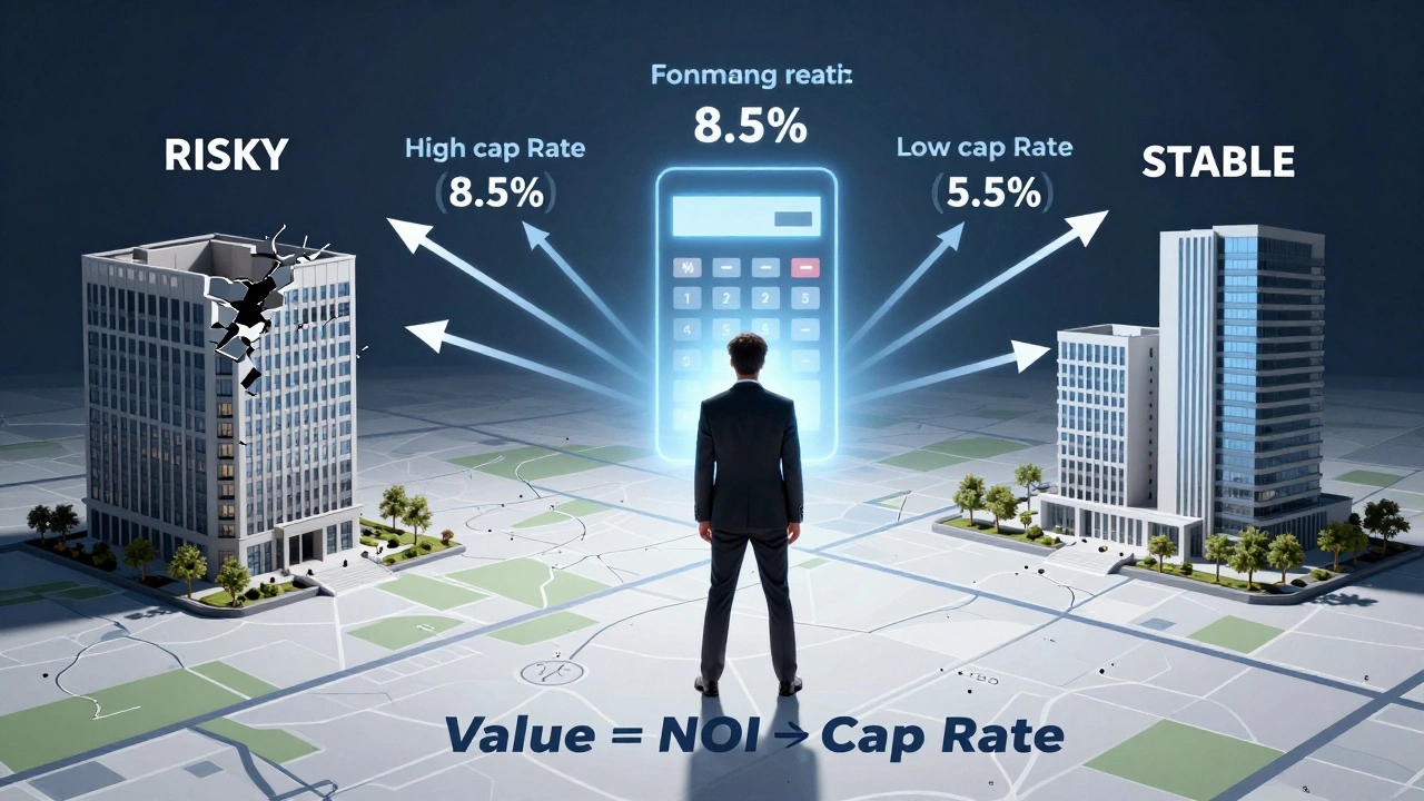 An investor surrounded by data arrows showing how lease terms and vacancies affect property value.