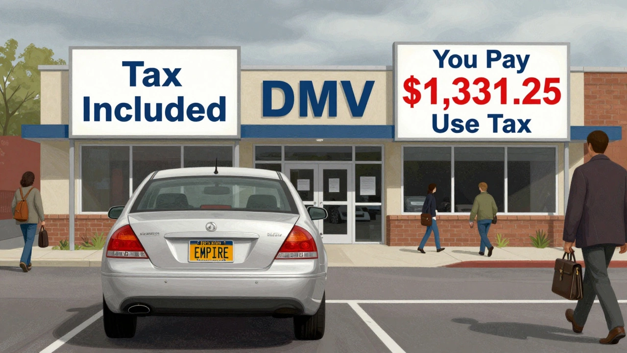 Car driving away from DMV with split background showing dealership vs private sale tax differences.